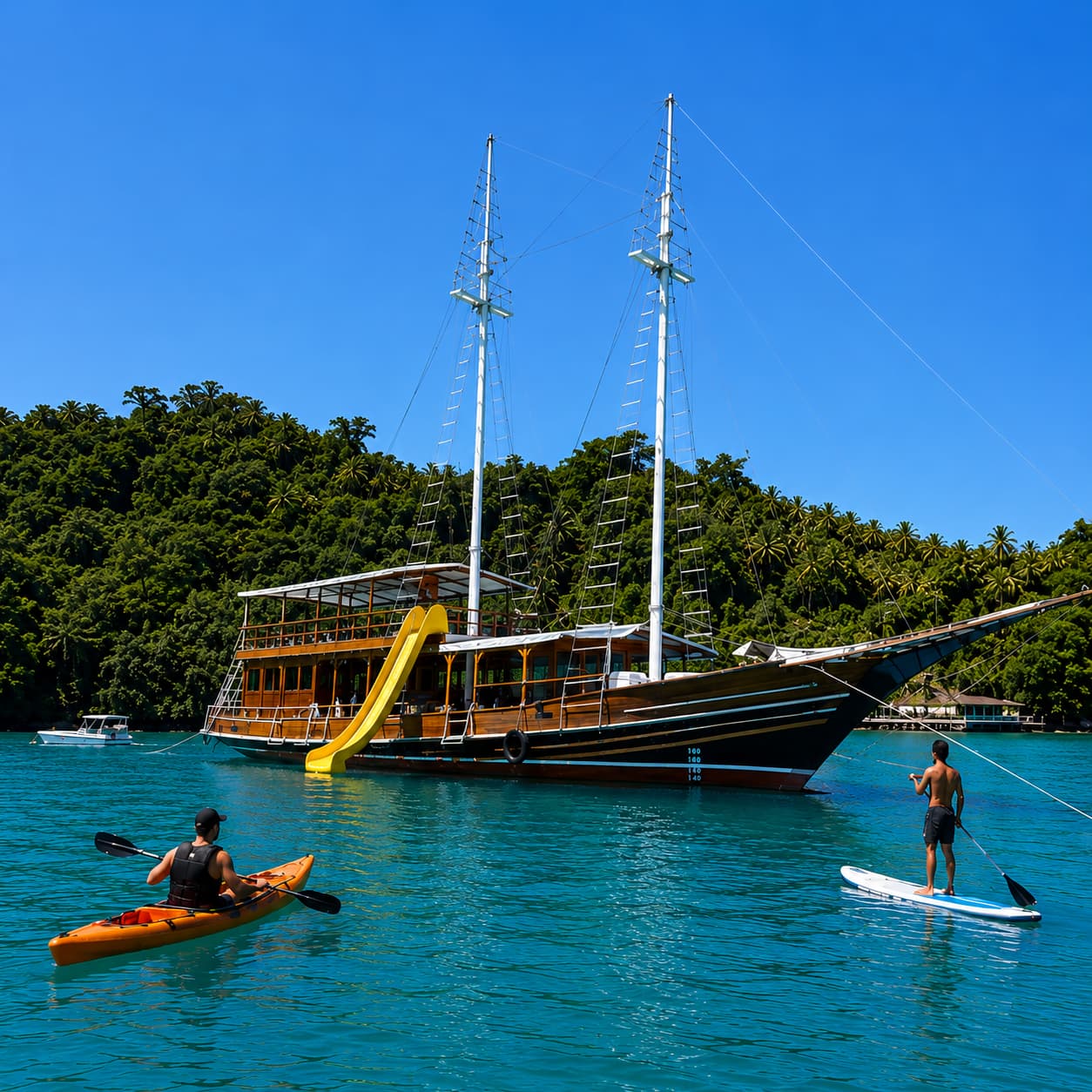 Escuna Paraty Privativo MEDIO com ESPORTE AQUATICO  Kayak & Stand UP Incluso • Wi-fi (R$ p/ate 50 passageiros)